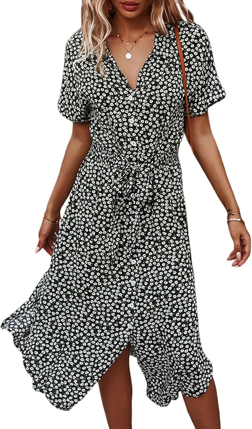 Women Summer Boho Short Sleeve Floral Maxi Dress V Neck Ruffle Bohemian Swing Beach Dresses Sundress