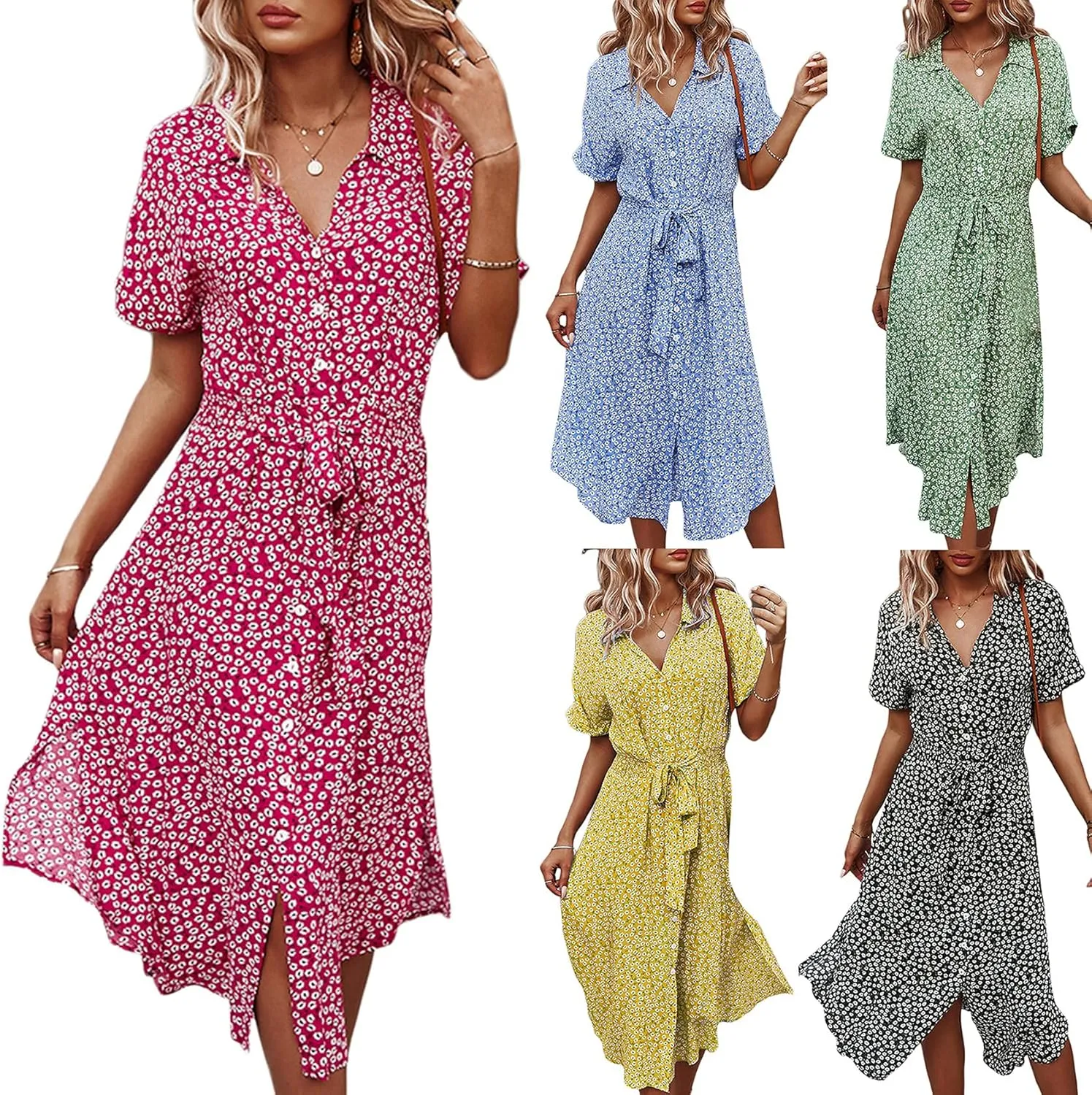 Women Summer Boho Short Sleeve Floral Maxi Dress V Neck Ruffle Bohemian Swing Beach Dresses Sundress