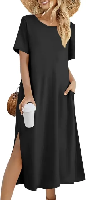 Women Summer Dresses Short Sleeve Round Neck Slit Hem Dress Solid Color Beach Vacation Sundress with Pockets