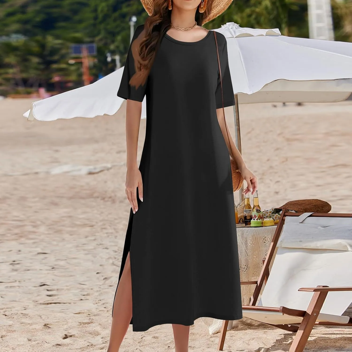 Women Summer Dresses Short Sleeve Round Neck Slit Hem Dress Solid Color Beach Vacation Sundress with Pockets
