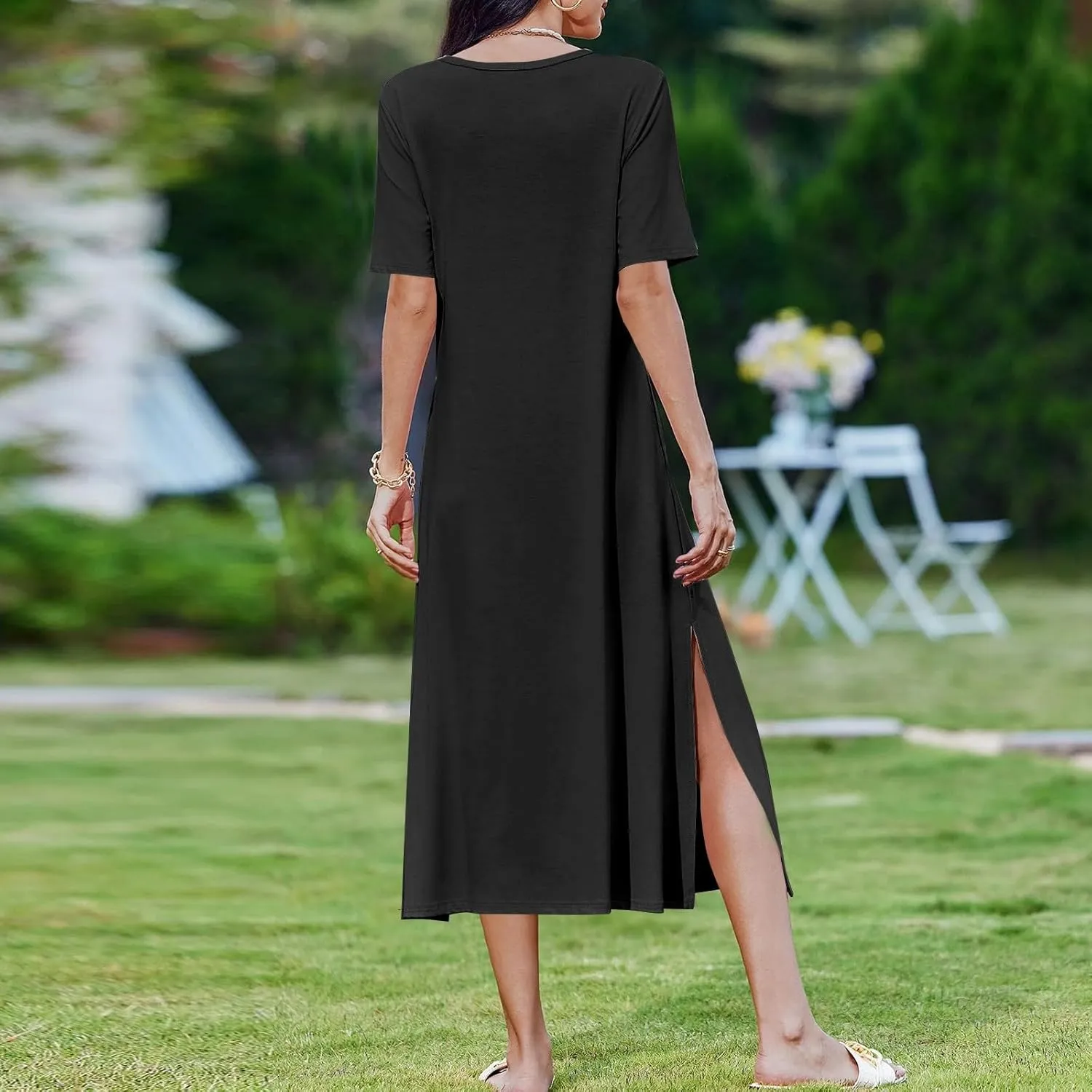 Women Summer Dresses Short Sleeve Round Neck Slit Hem Dress Solid Color Beach Vacation Sundress with Pockets