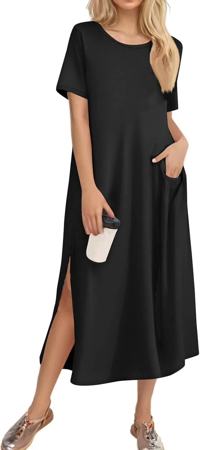 Women Summer Dresses Short Sleeve Round Neck Slit Hem Dress Solid Color Beach Vacation Sundress with Pockets