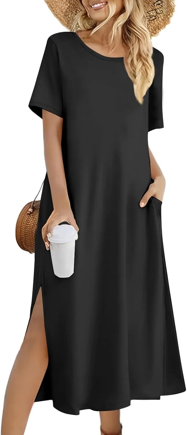 Women Summer Dresses Short Sleeve Round Neck Slit Hem Dress Solid Color Beach Vacation Sundress with Pockets