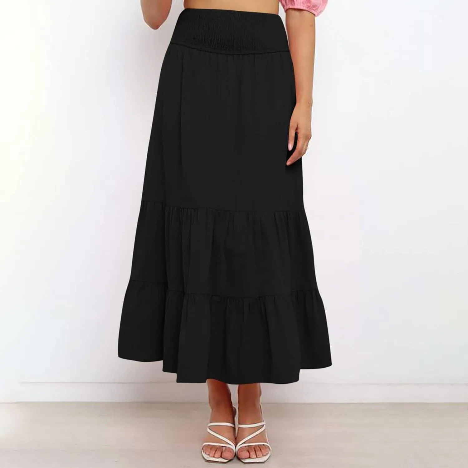 Women Summer Midi Skirts Flowy Elastic High Waist Pleated Tiered Casual Swing Boho A Line Ruffle Skirt