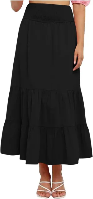 Women Summer Midi Skirts Flowy Elastic High Waist Pleated Tiered Casual Swing Boho A Line Ruffle Skirt