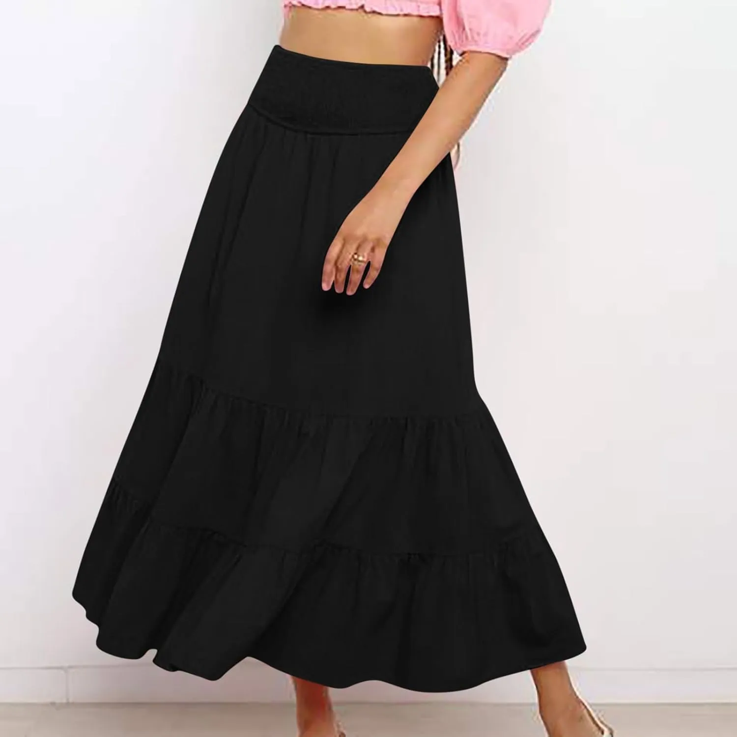 Women Summer Midi Skirts Flowy Elastic High Waist Pleated Tiered Casual Swing Boho A Line Ruffle Skirt