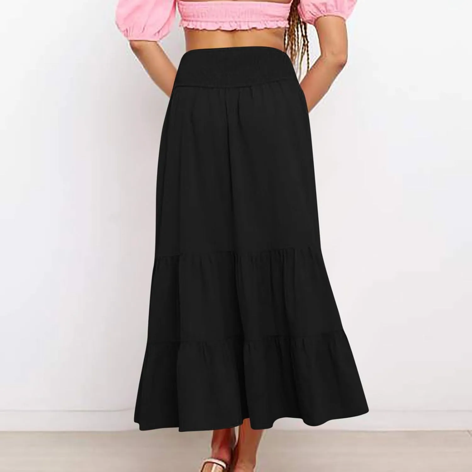 Women Summer Midi Skirts Flowy Elastic High Waist Pleated Tiered Casual Swing Boho A Line Ruffle Skirt