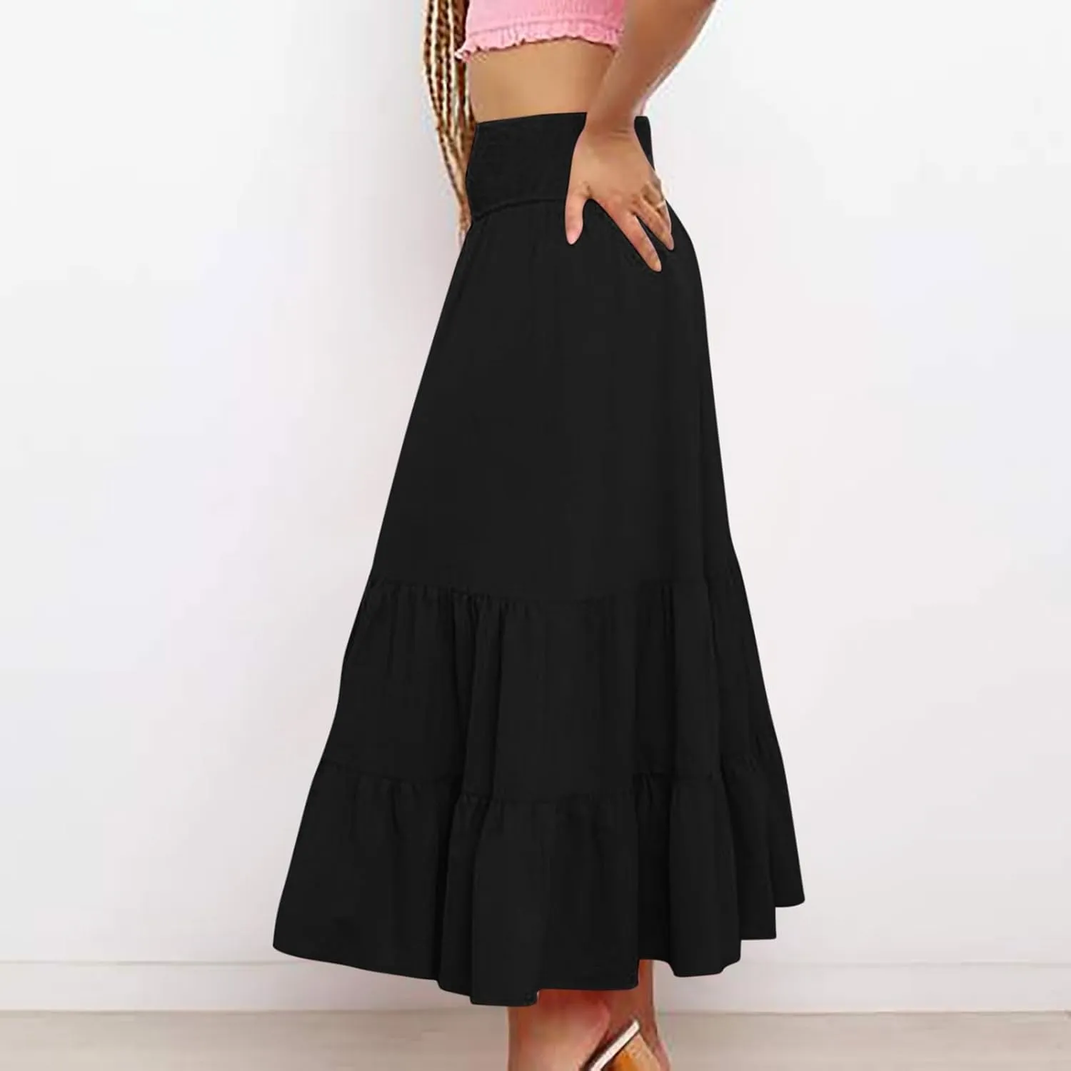 Women Summer Midi Skirts Flowy Elastic High Waist Pleated Tiered Casual Swing Boho A Line Ruffle Skirt