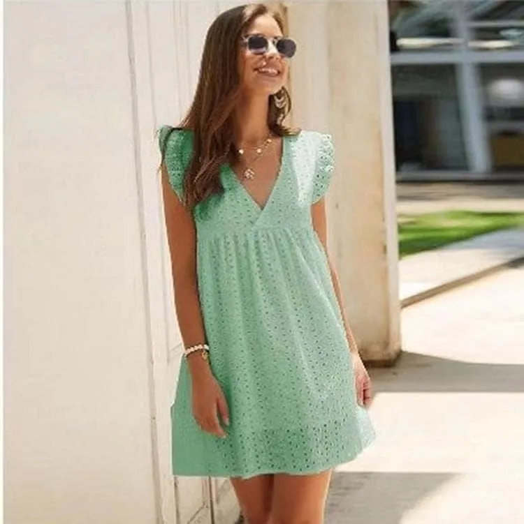 Women Summer Plain Dress Ruffle Sleeve V Neck Casual Loose Flowy Swing Mini Short Dress