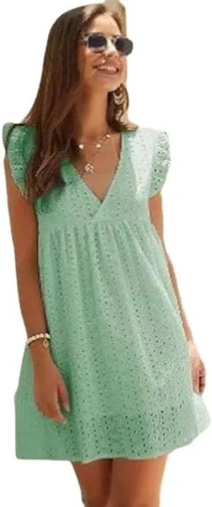 Women Summer Plain Dress Ruffle Sleeve V Neck Casual Loose Flowy Swing Mini Short Dress