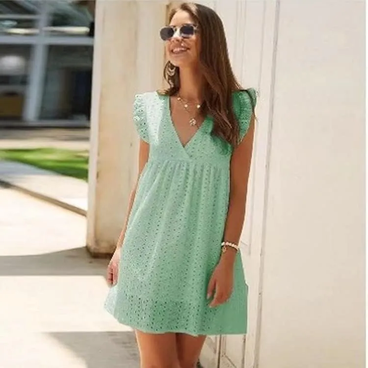 Women Summer Plain Dress Ruffle Sleeve V Neck Casual Loose Flowy Swing Mini Short Dress
