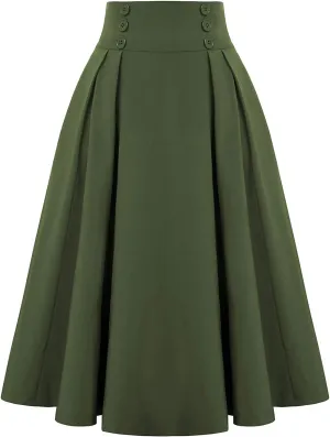 Women Vintage Elastic High Waist Pleated Skirt Gothic Button Midi A-Line Swing Skirts Work Casual Dress 2025 Trendy