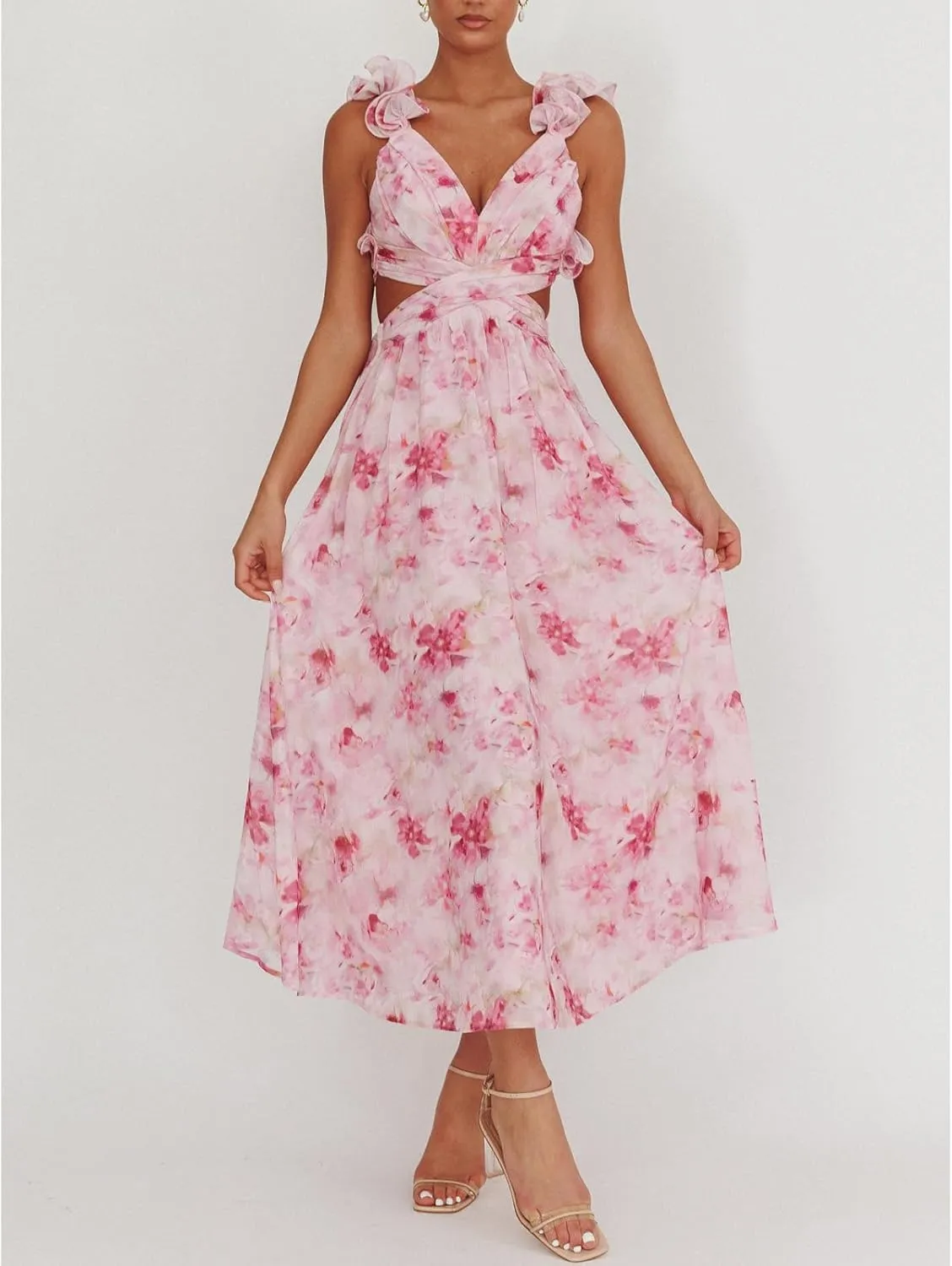 Women Y2k Lace Up Back Floral Maxi Dress Cute Ruffle Trim Backless Tie Beach Formal Long Flowy Dresses