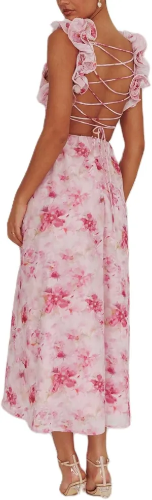 Women Y2k Lace Up Back Floral Maxi Dress Cute Ruffle Trim Backless Tie Beach Formal Long Flowy Dresses