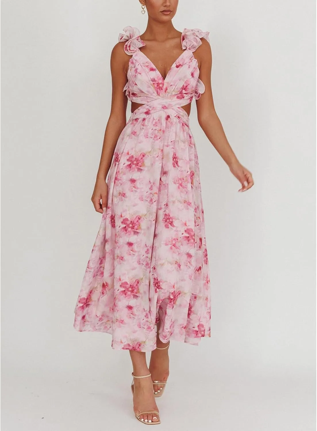 Women Y2k Lace Up Back Floral Maxi Dress Cute Ruffle Trim Backless Tie Beach Formal Long Flowy Dresses