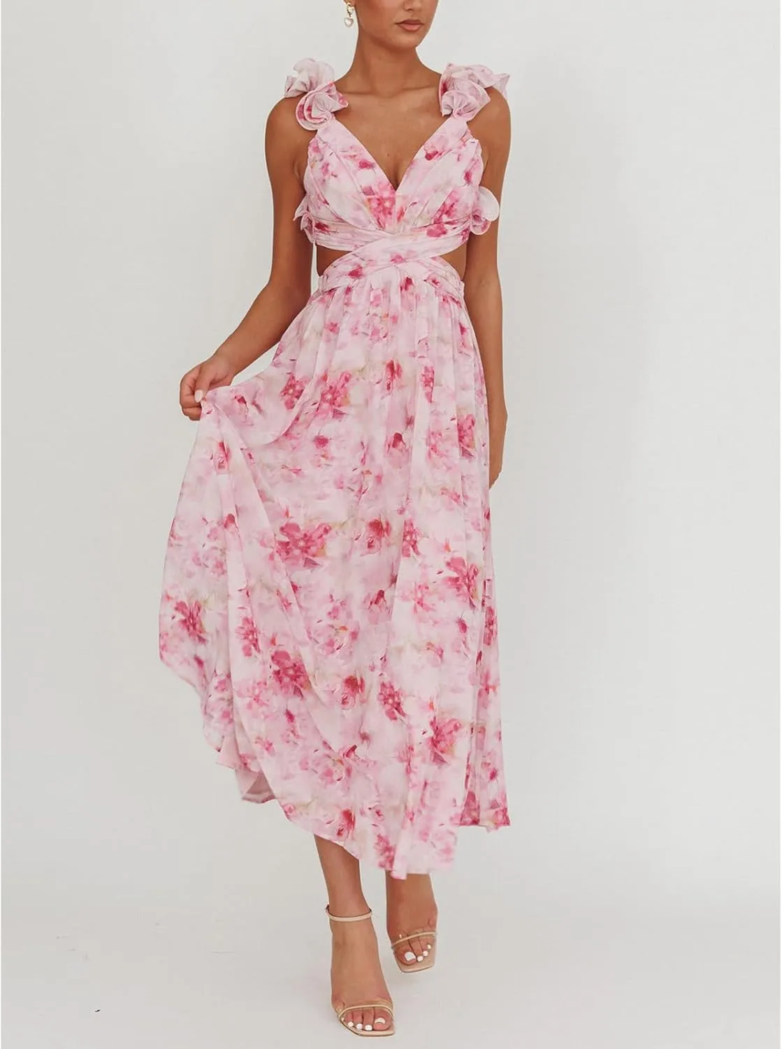 Women Y2k Lace Up Back Floral Maxi Dress Cute Ruffle Trim Backless Tie Beach Formal Long Flowy Dresses