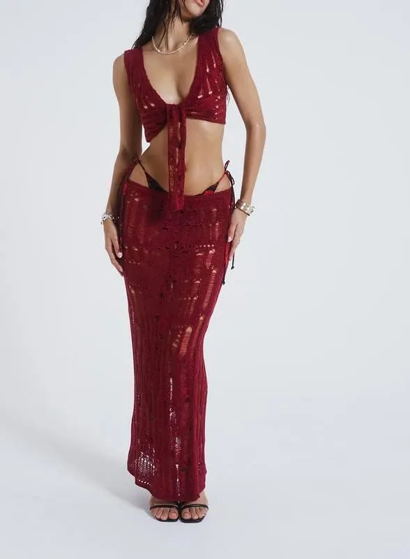 Women Y2K Ruffle 2 Piece Skirt Set Sleeveless Tube Crop Top Y2k Sexy Mesh See Through Cutout Maxi Skirt Clubwear