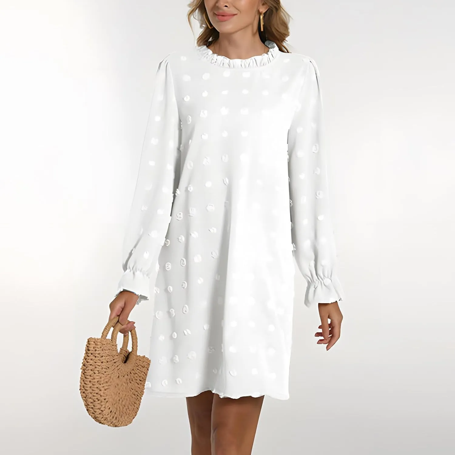 Womens 2024 Summer Dress Ruffle Puff Long Sleeve Swiss Dot Wedding Guest Dresses Casual Frill Trim Crew Neck Mini Dress