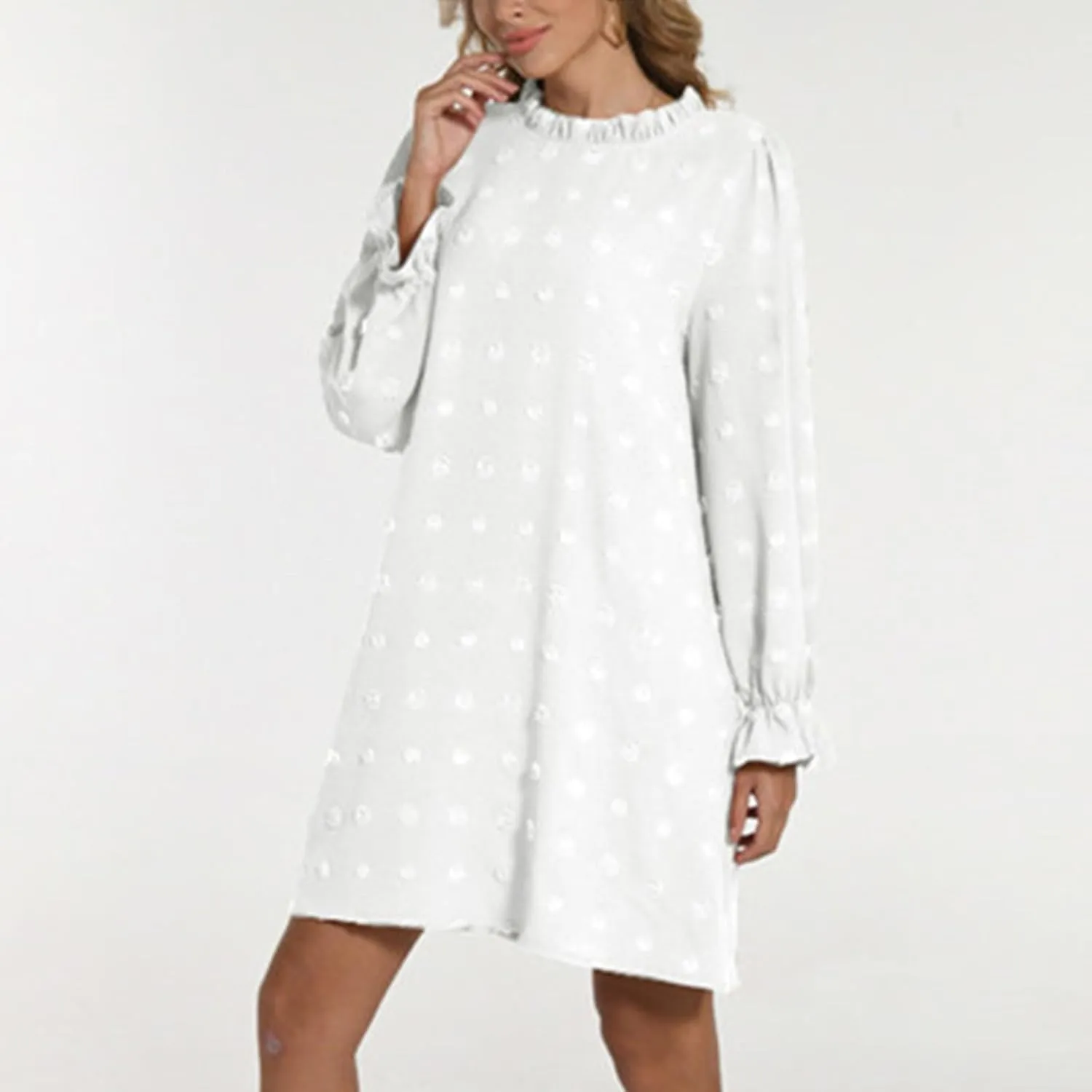 Womens 2024 Summer Dress Ruffle Puff Long Sleeve Swiss Dot Wedding Guest Dresses Casual Frill Trim Crew Neck Mini Dress