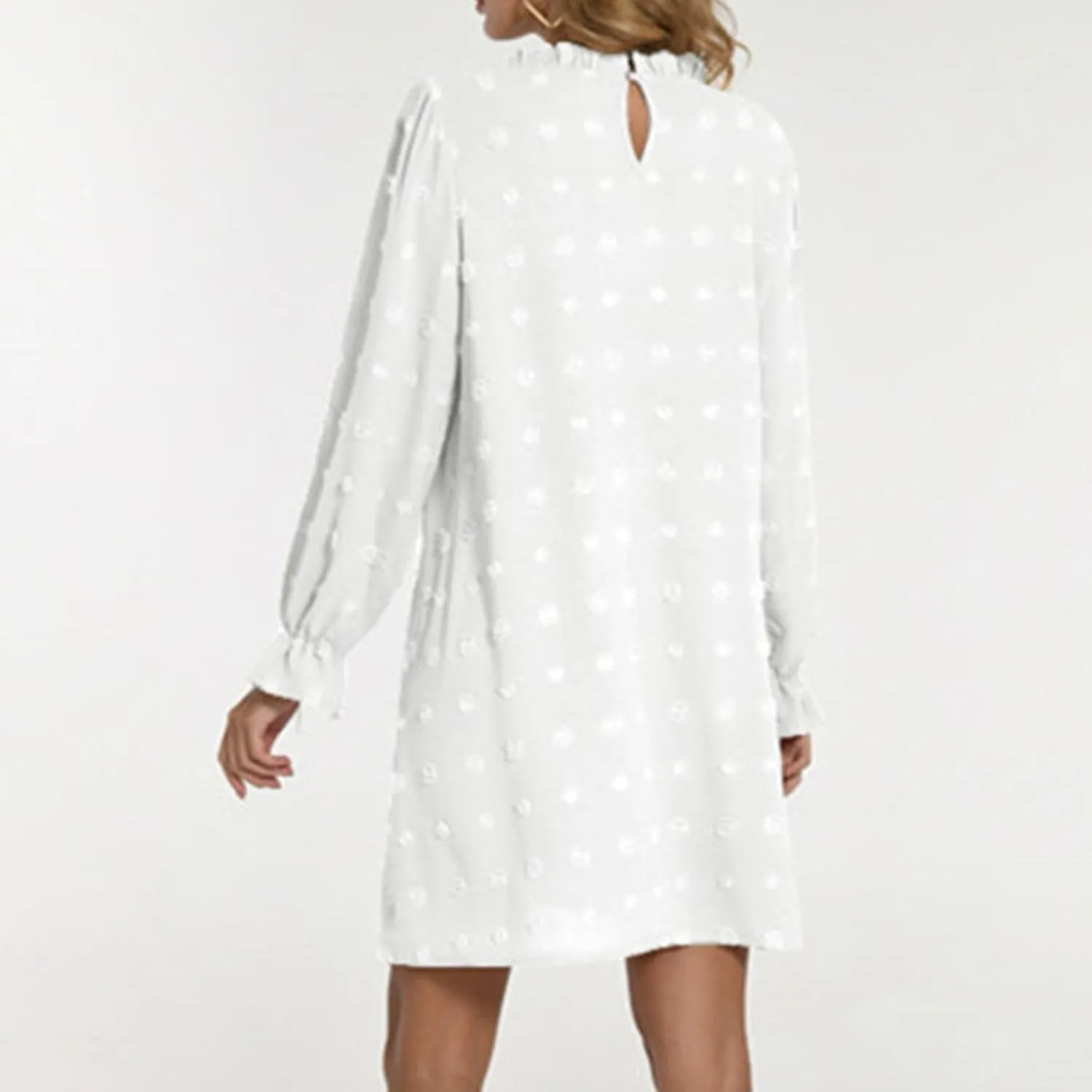 Womens 2024 Summer Dress Ruffle Puff Long Sleeve Swiss Dot Wedding Guest Dresses Casual Frill Trim Crew Neck Mini Dress