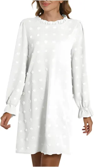 Womens 2024 Summer Dress Ruffle Puff Long Sleeve Swiss Dot Wedding Guest Dresses Casual Frill Trim Crew Neck Mini Dress