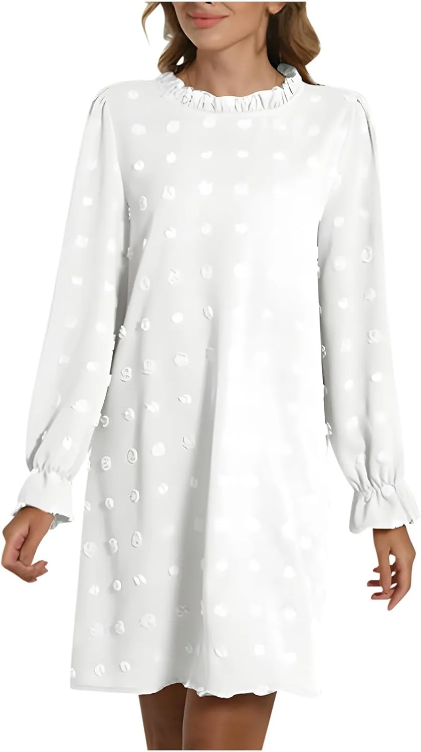 Womens 2024 Summer Dress Ruffle Puff Long Sleeve Swiss Dot Wedding Guest Dresses Casual Frill Trim Crew Neck Mini Dress