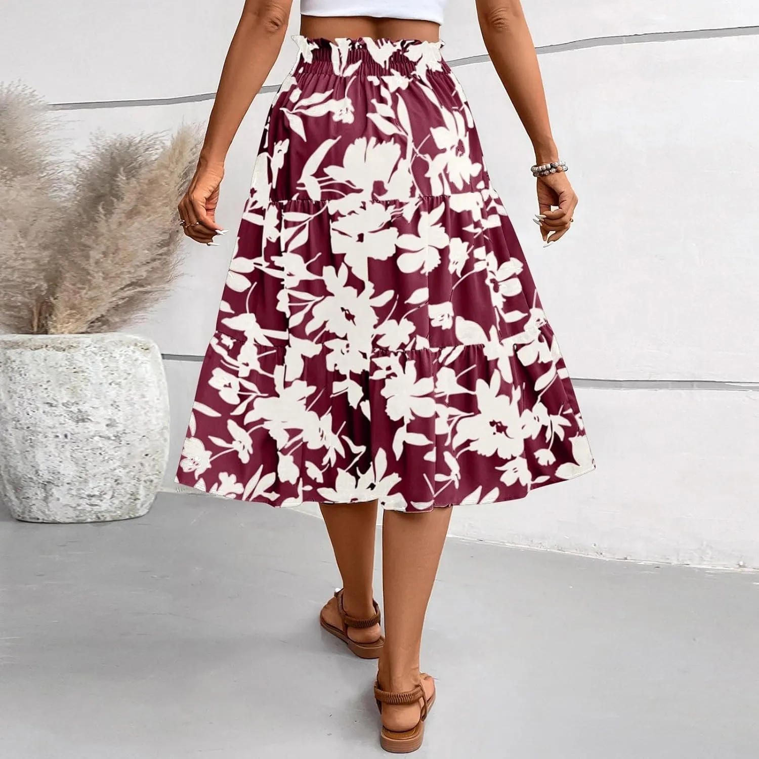 Women's 2025 Spring High Waist Floral Pleated A Line Boho Beach Casual Swing Long Skirts, S-XL