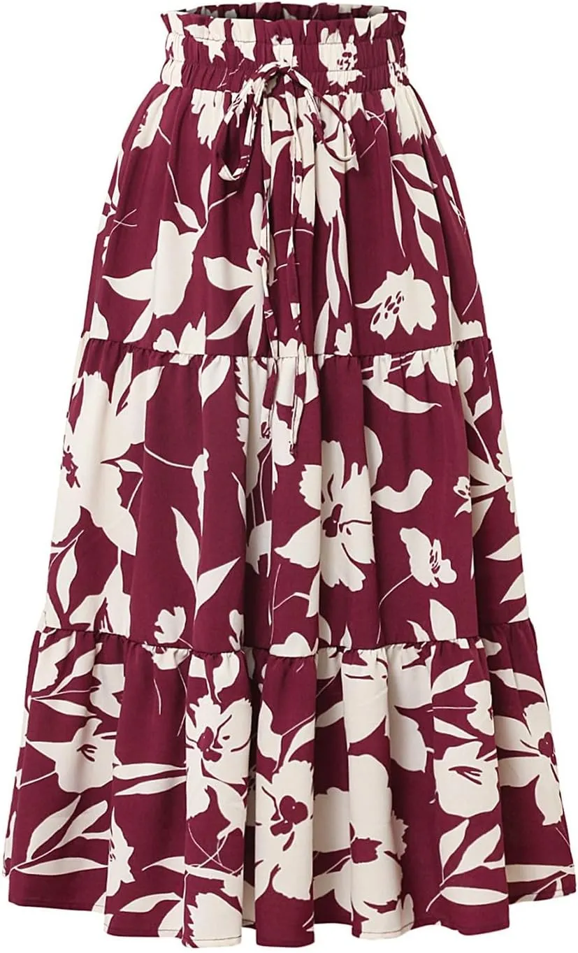 Women's 2025 Spring High Waist Floral Pleated A Line Boho Beach Casual Swing Long Skirts, S-XL