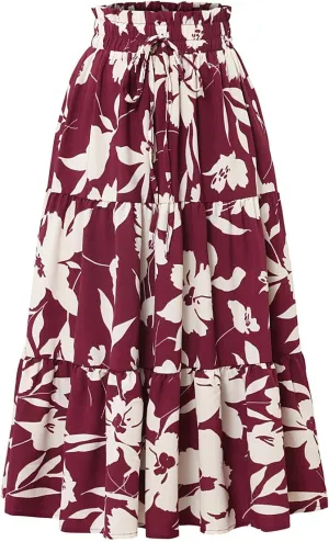 Women's 2025 Spring High Waist Floral Pleated A Line Boho Beach Casual Swing Long Skirts, S-XL
