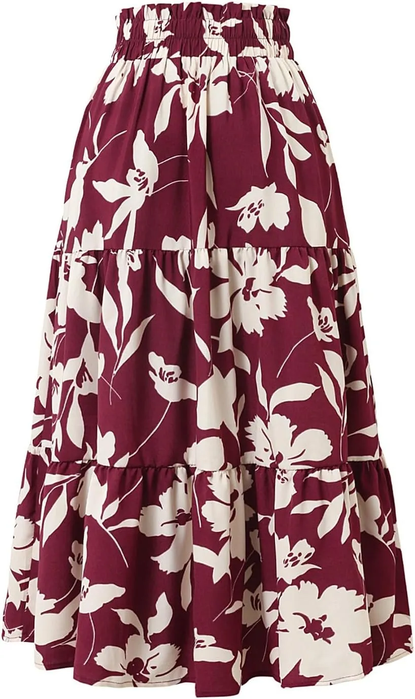 Women's 2025 Spring High Waist Floral Pleated A Line Boho Beach Casual Swing Long Skirts, S-XL