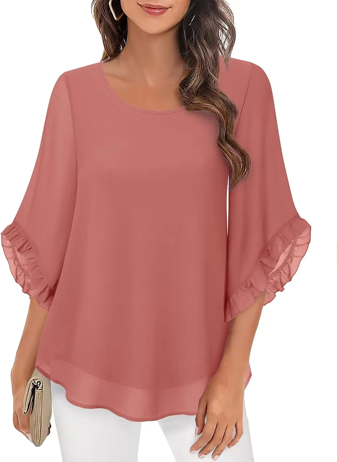 Women's 3/4 Ruffle Sleeve Blouse Tops Double Layers Flowy Shirts Elegant Chiffon Blouses