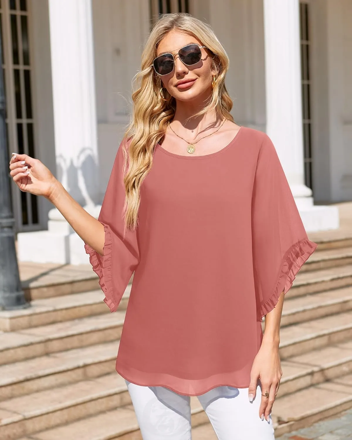 Women's 3/4 Ruffle Sleeve Blouse Tops Double Layers Flowy Shirts Elegant Chiffon Blouses