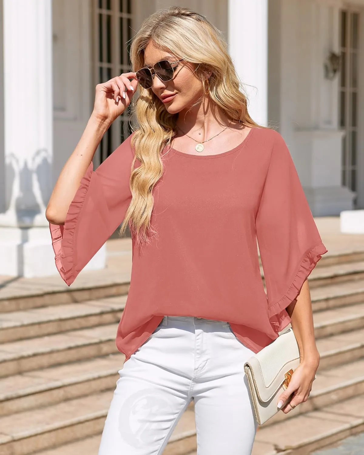 Women's 3/4 Ruffle Sleeve Blouse Tops Double Layers Flowy Shirts Elegant Chiffon Blouses