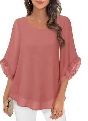 Women's 3/4 Ruffle Sleeve Blouse Tops Double Layers Flowy Shirts Elegant Chiffon Blouses