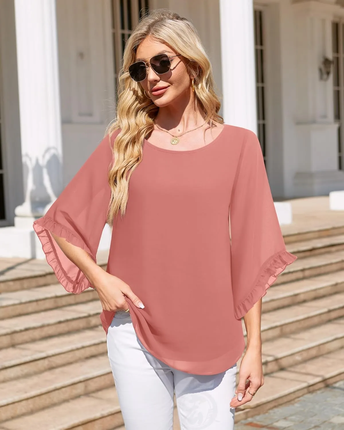 Women's 3/4 Ruffle Sleeve Blouse Tops Double Layers Flowy Shirts Elegant Chiffon Blouses