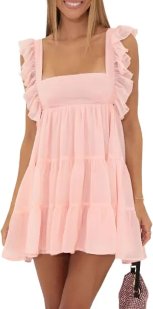 Women's Babydoll Mini Dress Tie Shoulder Backless Bow Party Summer Sundress Flowy Short Graduation Dress