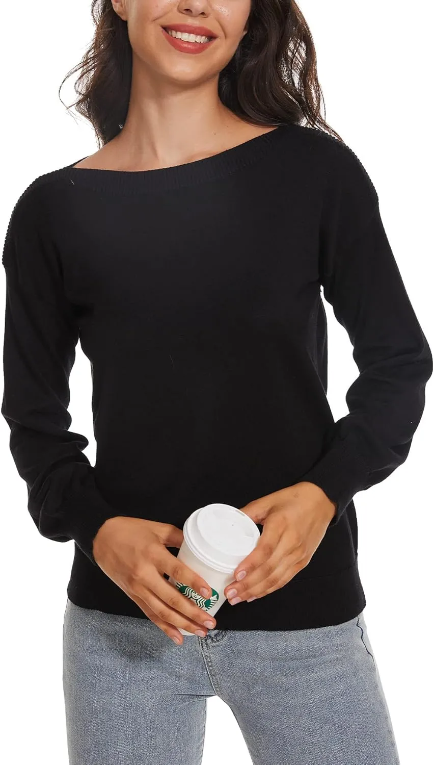 Women's Boat Neck Long Sleeve Sweaters Casual Lightweight Knit Pullover Tops Fall Winter Trendy