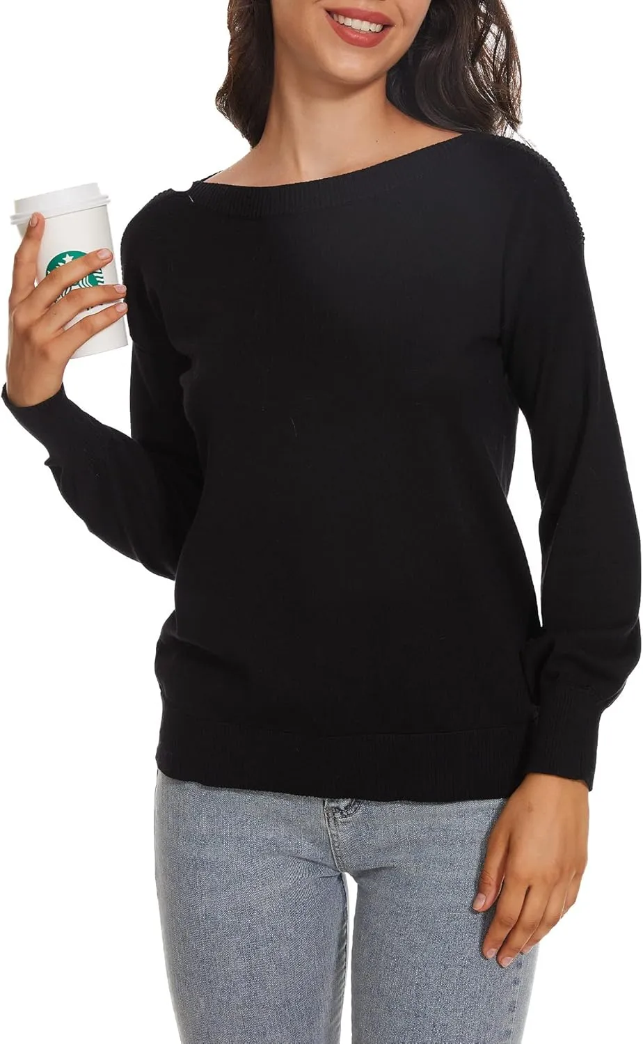 Women's Boat Neck Long Sleeve Sweaters Casual Lightweight Knit Pullover Tops Fall Winter Trendy