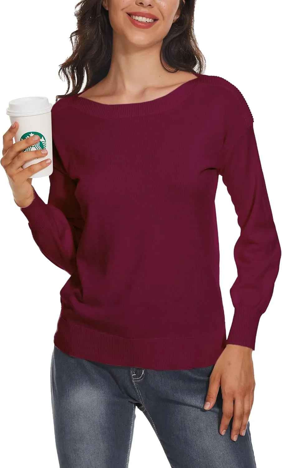 Women's Boat Neck Long Sleeve Sweaters Casual Lightweight Knit Pullover Tops Fall Winter Trendy