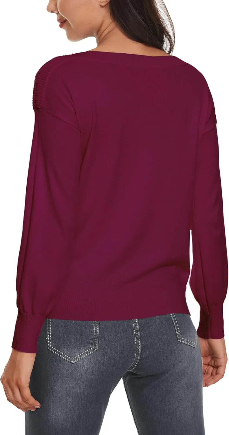 Women's Boat Neck Long Sleeve Sweaters Casual Lightweight Knit Pullover Tops Fall Winter Trendy