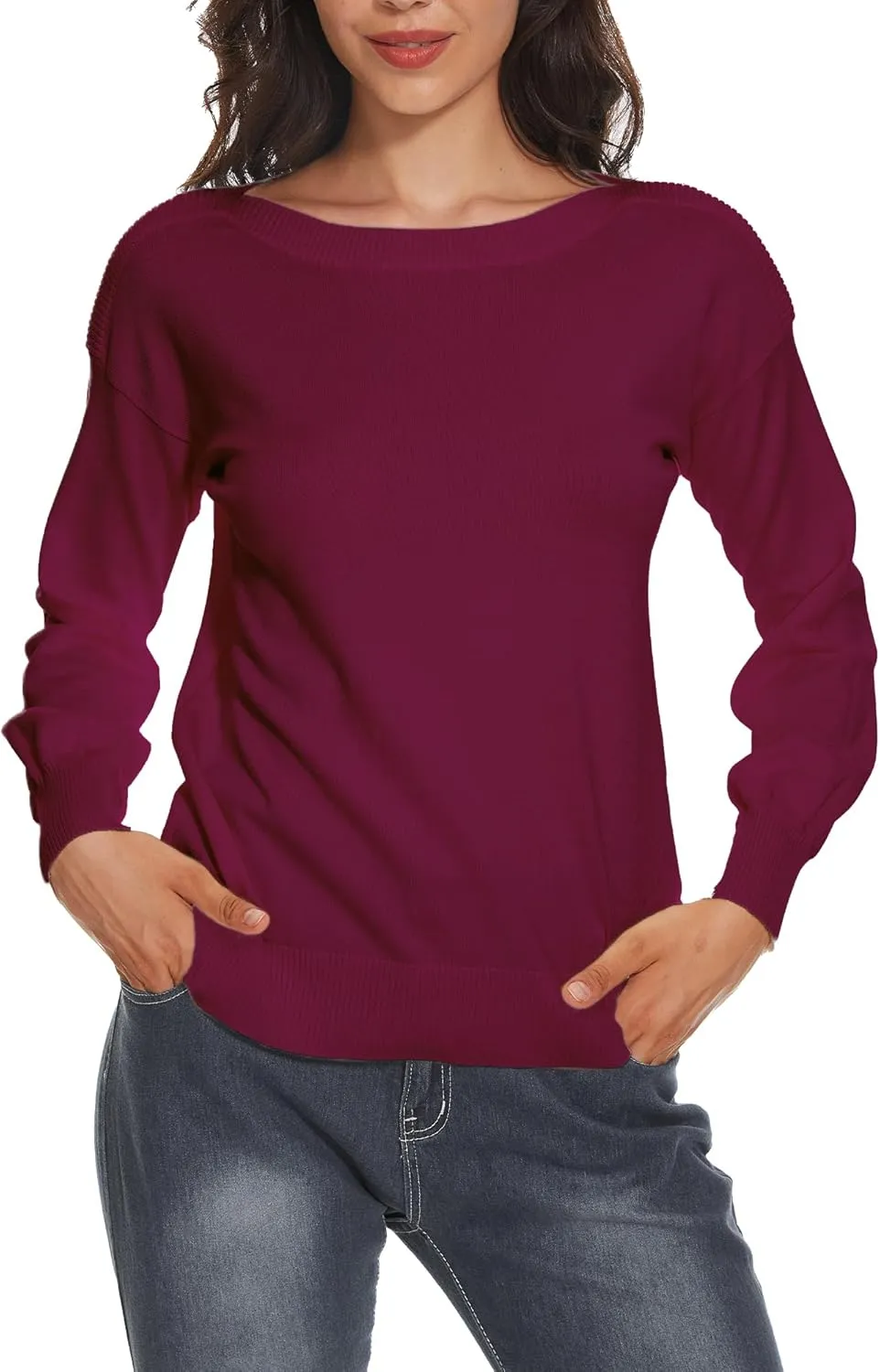 Women's Boat Neck Long Sleeve Sweaters Casual Lightweight Knit Pullover Tops Fall Winter Trendy