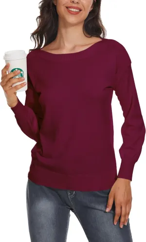 Women's Boat Neck Long Sleeve Sweaters Casual Lightweight Knit Pullover Tops Fall Winter Trendy