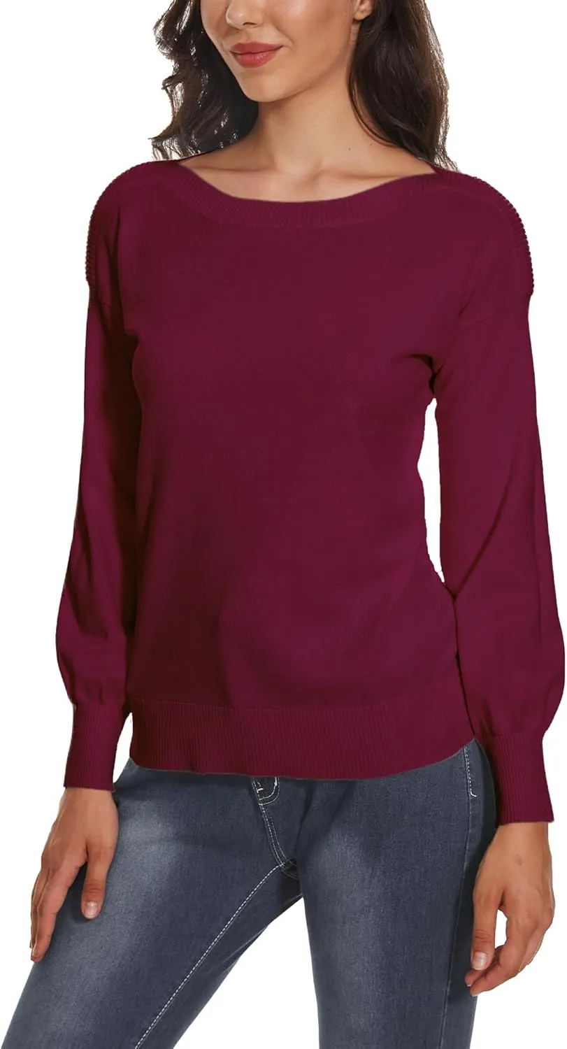 Women's Boat Neck Long Sleeve Sweaters Casual Lightweight Knit Pullover Tops Fall Winter Trendy