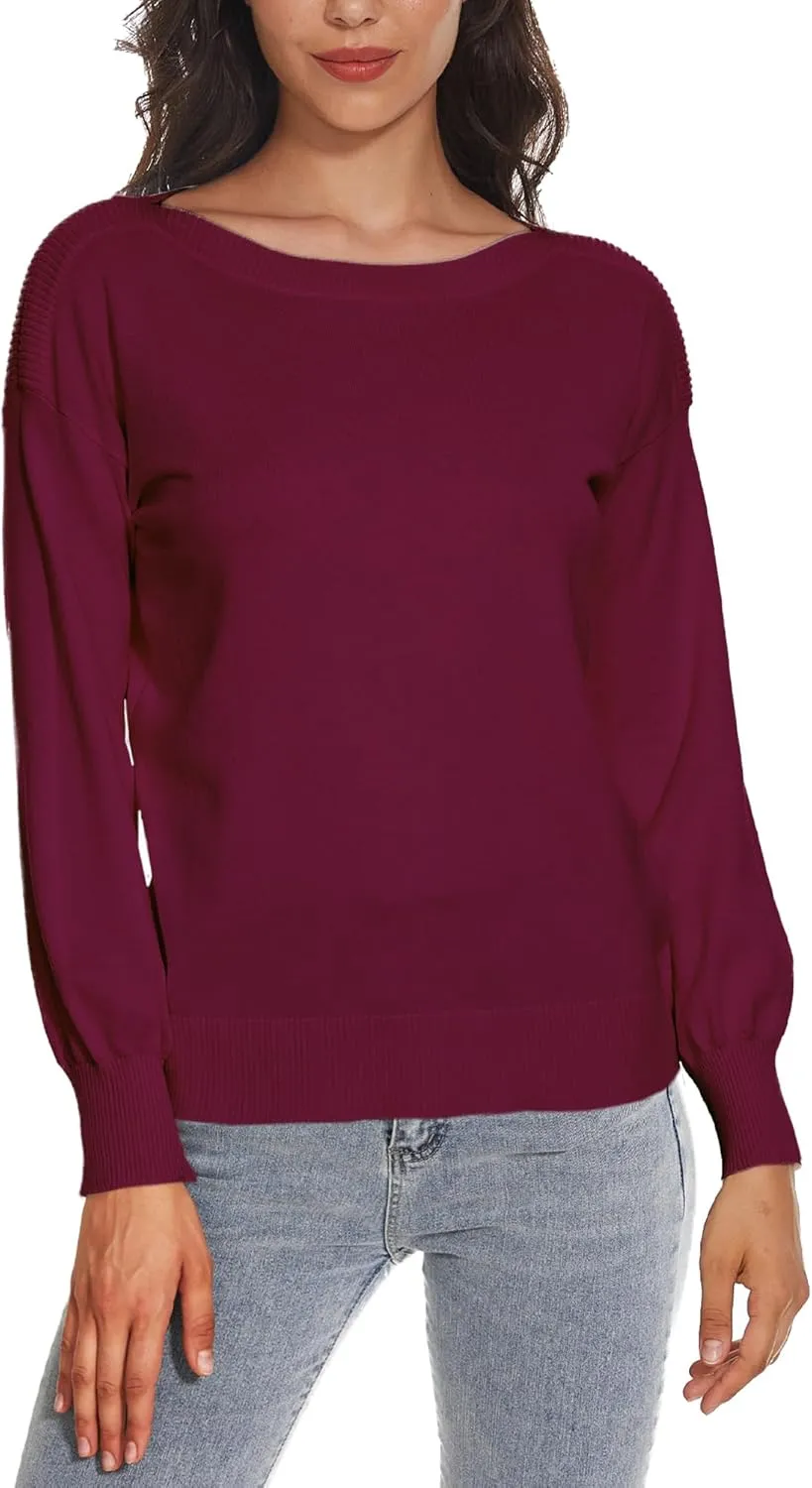 Women's Boat Neck Long Sleeve Sweaters Casual Lightweight Knit Pullover Tops Fall Winter Trendy