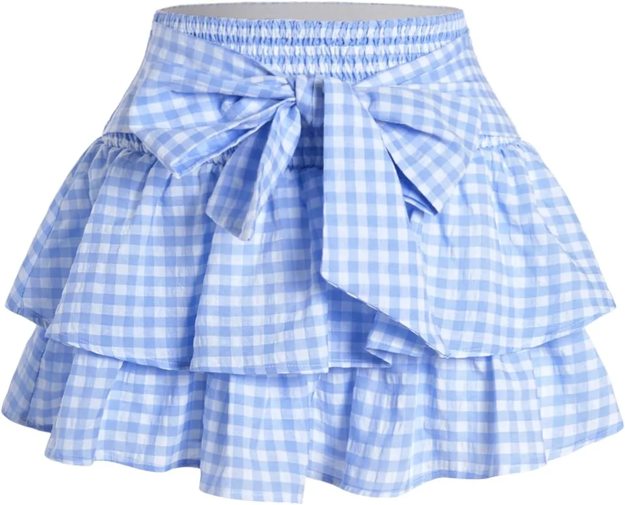 Women's Bow Front Mini Skirt High Shirred Waist Layered Ruffle Hem Short Cake Skirts