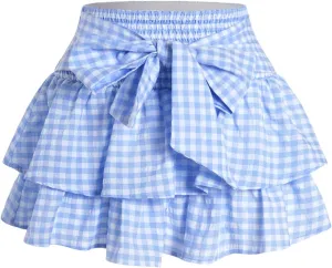 Women's Bow Front Mini Skirt High Shirred Waist Layered Ruffle Hem Short Cake Skirts