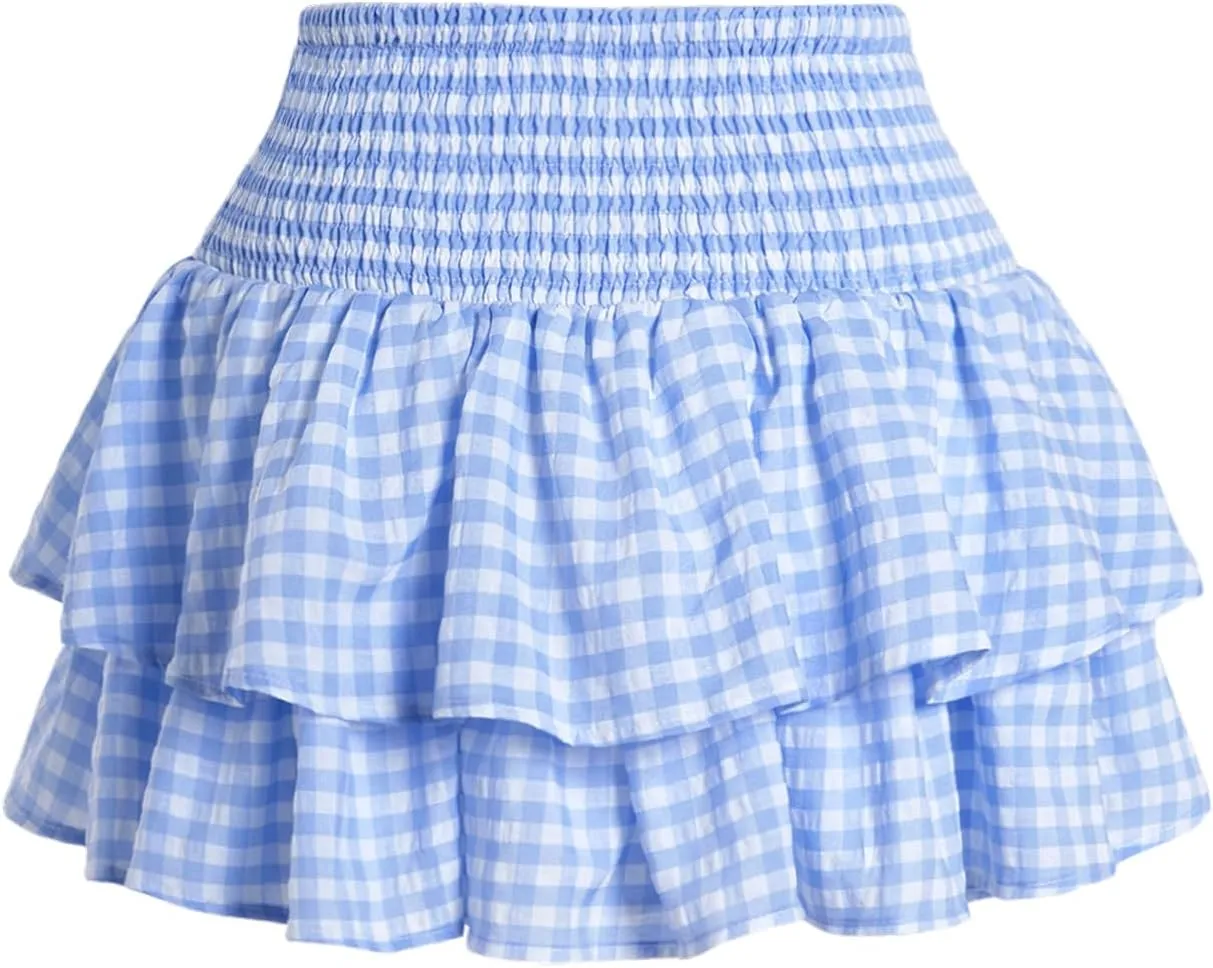 Women's Bow Front Mini Skirt High Shirred Waist Layered Ruffle Hem Short Cake Skirts