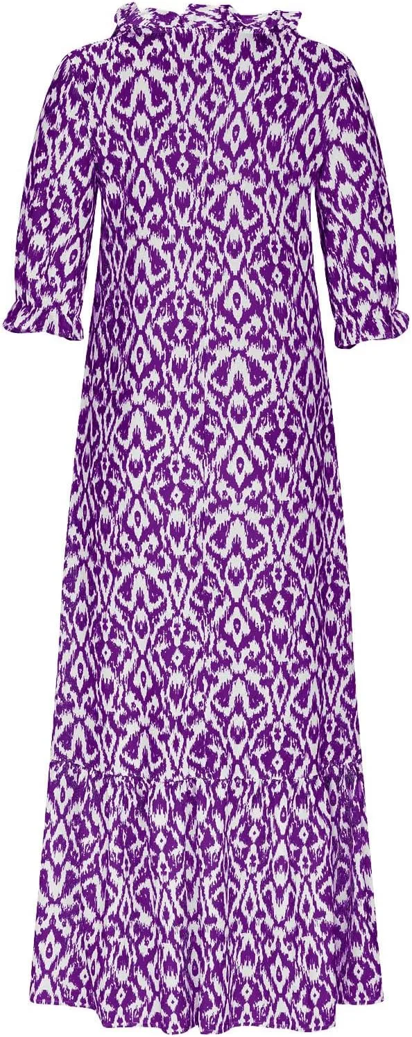Women's Casual Loose Boho Floral Dresses 2025 Short Sleeve Drawstring V Neck Ruffle A Line Flowy Summer Beach Maxi Dress