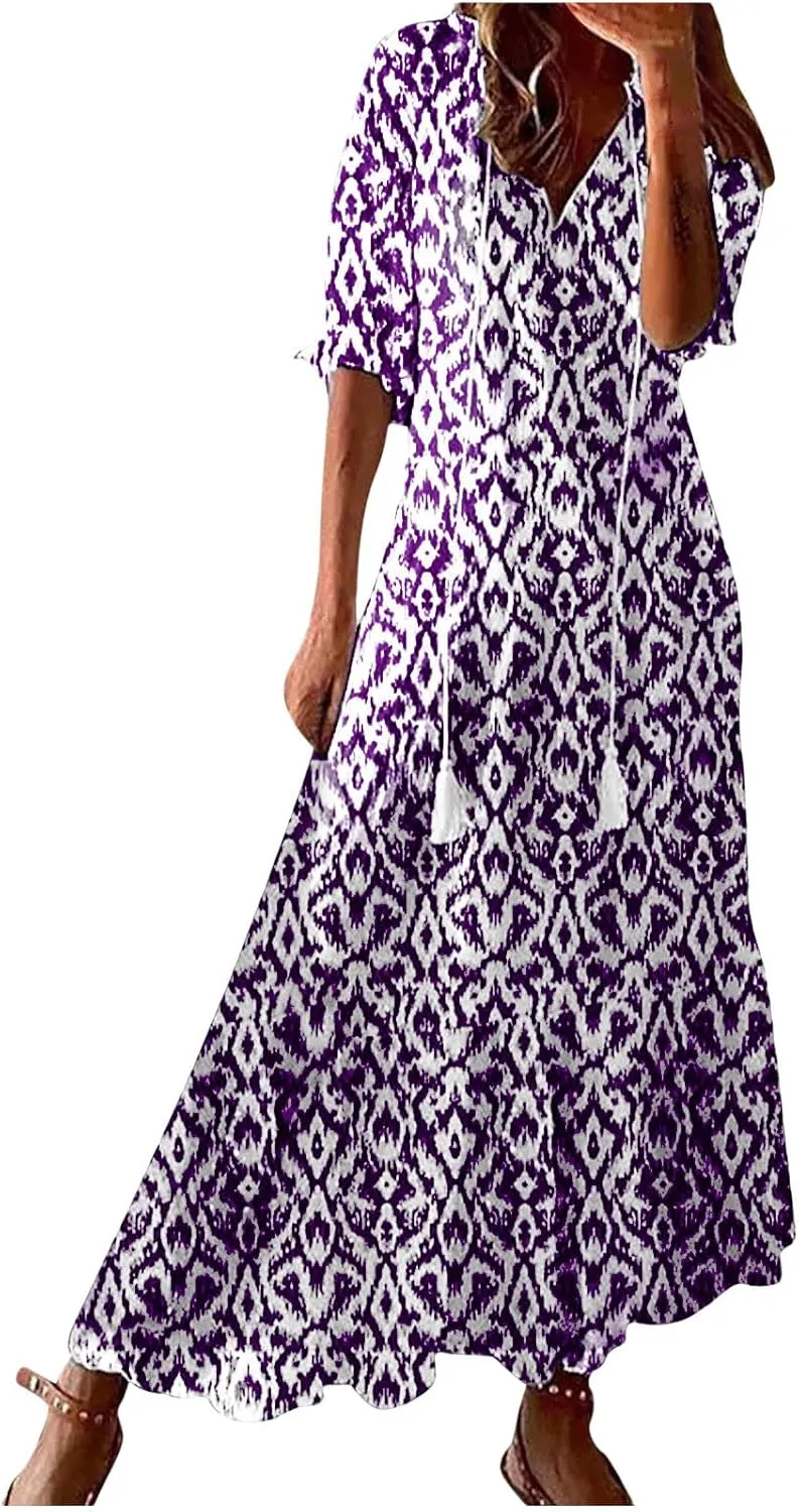 Women's Casual Loose Boho Floral Dresses 2025 Short Sleeve Drawstring V Neck Ruffle A Line Flowy Summer Beach Maxi Dress