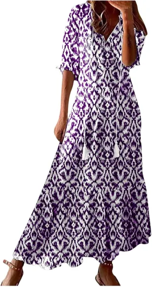 Women's Casual Loose Boho Floral Dresses 2025 Short Sleeve Drawstring V Neck Ruffle A Line Flowy Summer Beach Maxi Dress